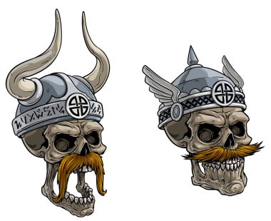 Metal kask karikatür viking savaşçı kafatasları