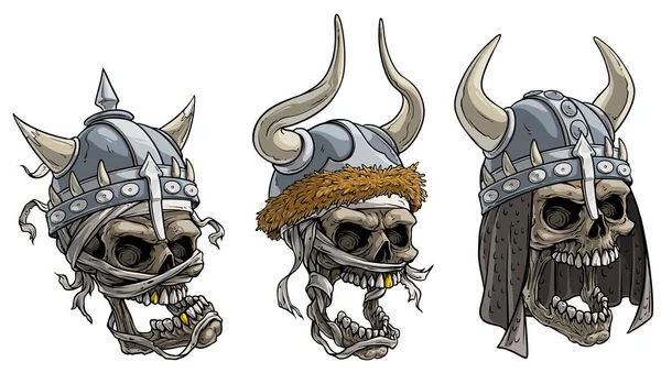 Calaveras de guerrero vikingo de dibujos animados en casco de metal — Archivo Imágenes Vectoriales