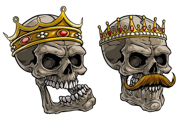 Calaveras humanas de dibujos animados con corona de rey de oro — Vector de stock