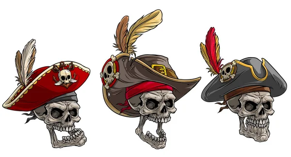 Calaveras humanas de dibujos animados en sombrero pirata con plumas — Archivo Imágenes Vectoriales