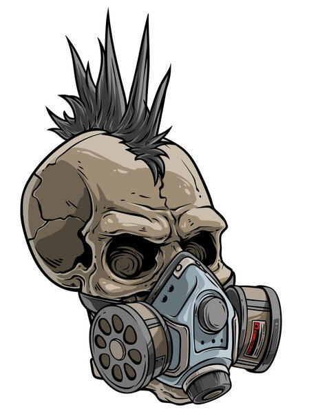 Cartoon punk skull in chemical gas mask respirator