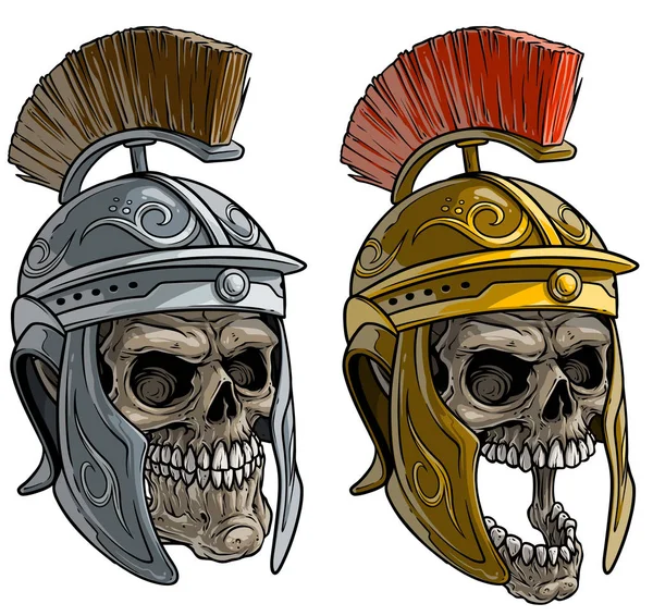 ローマ兵士のヘルメットで漫画の人間の頭蓋骨 — ストックベクタ
