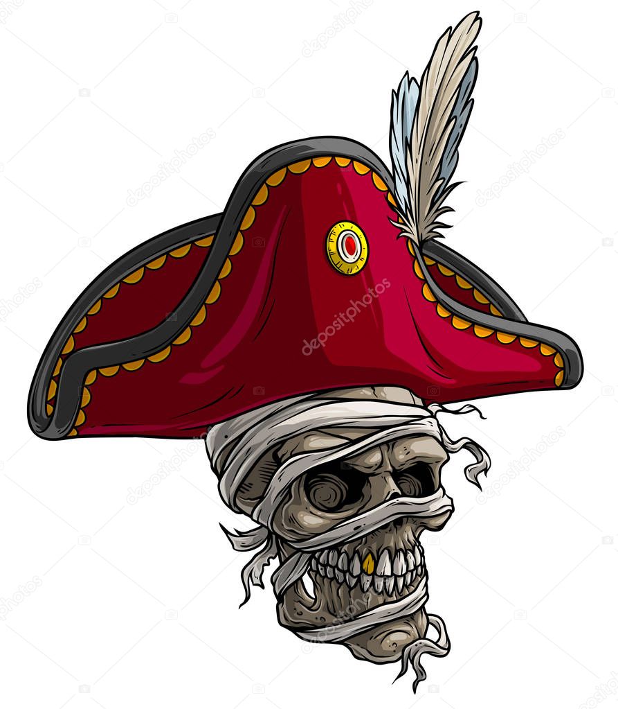 Cartoon mummy skull in pirate hat with feathers