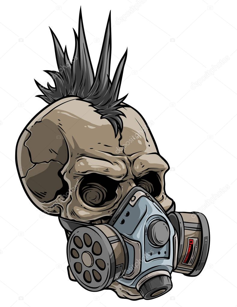 Cartoon punk skull in chemical gas mask respirator