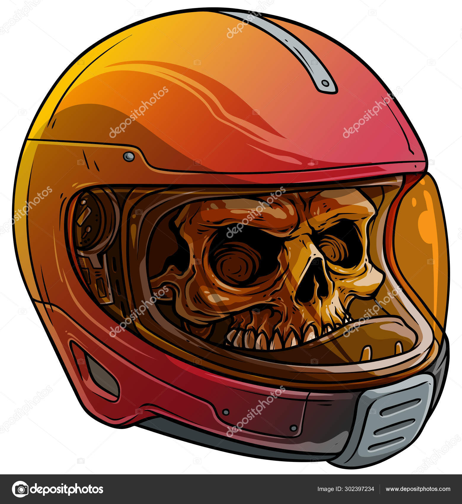 Calavera humana de dibujos animados en casco deportivo de motocicleta  Vector de stock #302397234 de ©GB_Art, image size:1559x1700