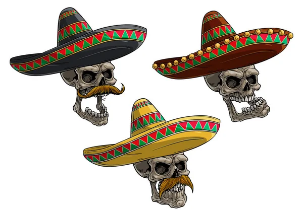 Karikatur menschlicher Schädel in mexikanischem Sombrero-Hut — Stockvektor