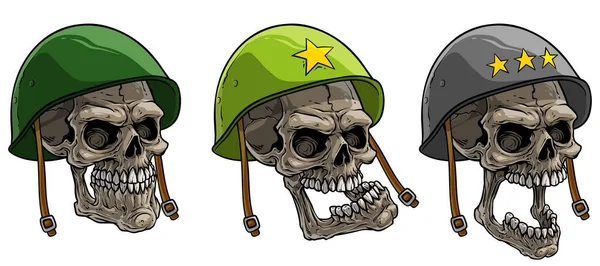 Cartoon human skull in old american soldier helmet — Stock Vector
