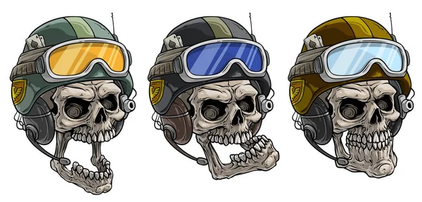 Cartoon human skulls in protective soldier helmet — Stock Vector