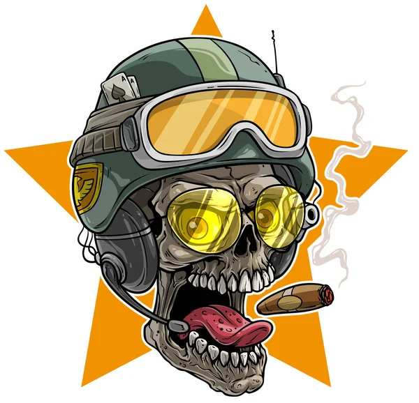 Cartoon menselijke schedel in beschermende soldaat helm — Stockvector