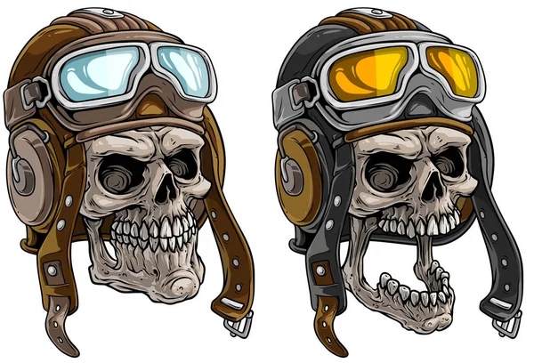 Cartoon menselijke schedels in retro lederen pilot helm — Stockvector