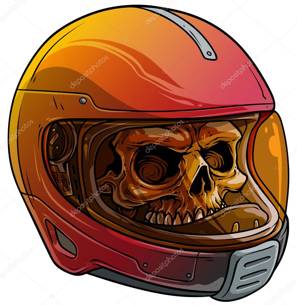 Cartoon human skull in motorcycle sport helmet