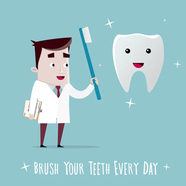 Zahnarzt Mit Glücklich Zähne Putzen Sie Ihre Zähne Täglich — Stockvektor
