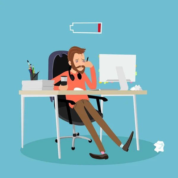 Hombre Cansado Trabajando Computadora — Vector de stock