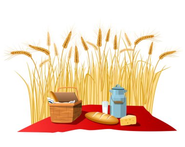 Buğday tarlasında süt, ekmek ve peynir