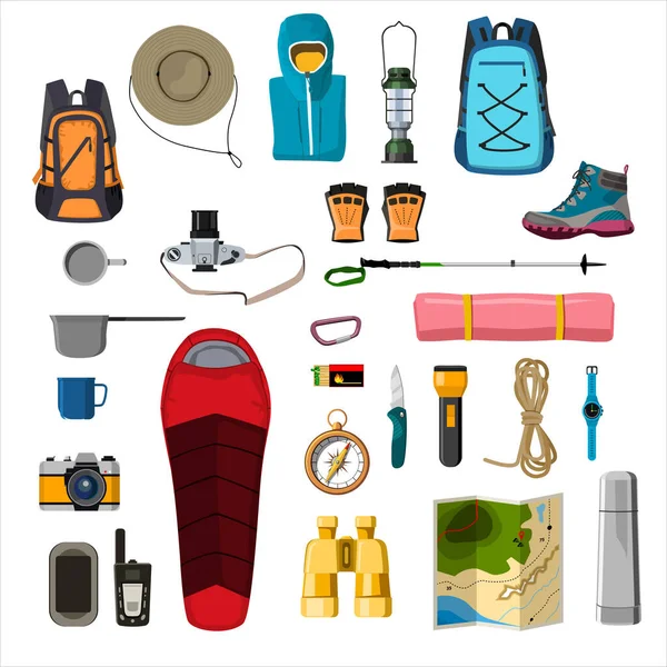 Yürüyüş ekipman vektör çizimi seti