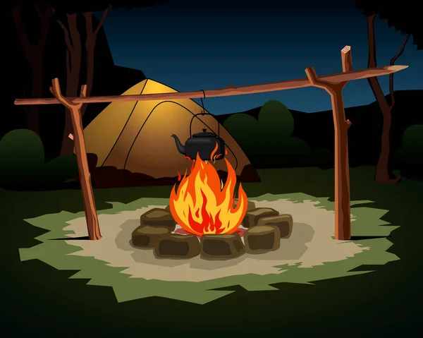 Şenlik ateşinde çaydanlıkla kamp sahnesi