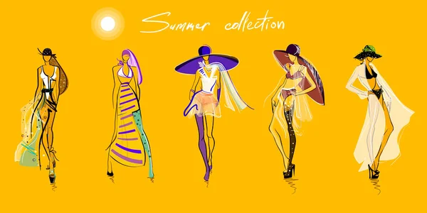 Summer Models Sketches Vector Illustration — Stock Vector