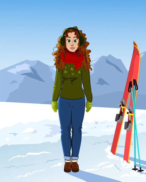 Girl Standing Ski — Stock Vector