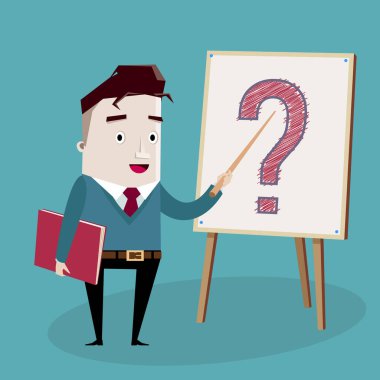 Beyaz tahtada soru işareti gösteren bir adam