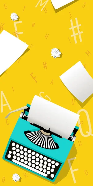 Sarı zemin üzerinde harflerle birlikte klasik mavi daktilo.