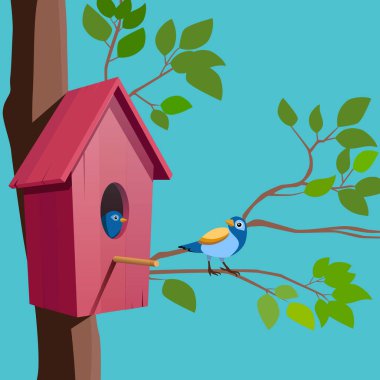Bird house and birds on tree clipart