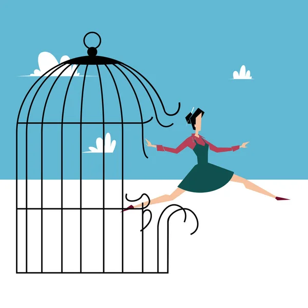 Woman Breaks Birdcage Frees Herself — Stock Vector