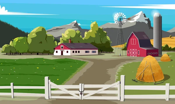 村の家と風ポンプ付きの田舎の赤い農場 — ストックベクタ