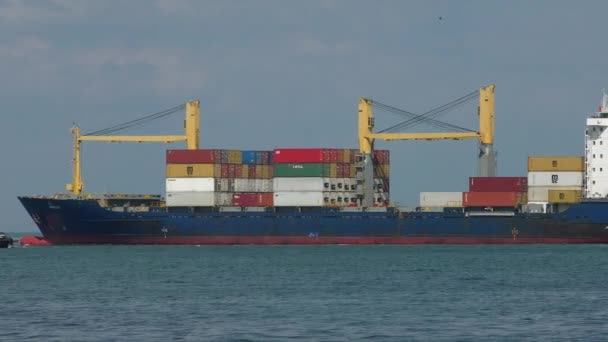 En stor container fartyg lämnar hamn. — Stockvideo