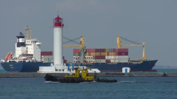 Duży kontener statek opuszcza port. — Wideo stockowe