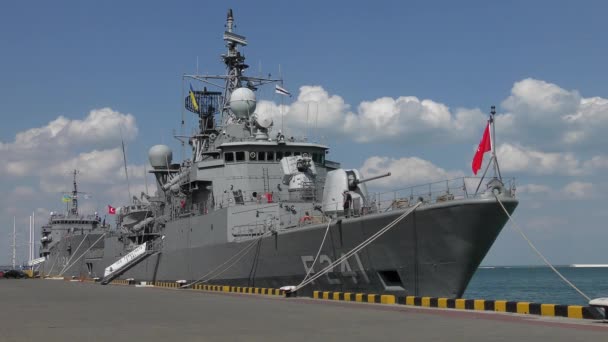 Turkish military ship at the pier in the port of Odessa. — Stock Video