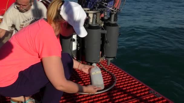 Investigación marina: Una niña toma una muestra de agua de un baño . — Vídeos de Stock