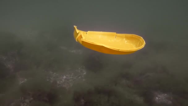 바다의 플라스틱 오염: 플라스틱 일 회용 접시가 서서히 해저로 가라앉는다. — 비디오