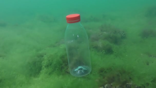 Inquinamento di plastica del mare: la bottiglia del PVC affonda lentamente al fondo. — Video Stock