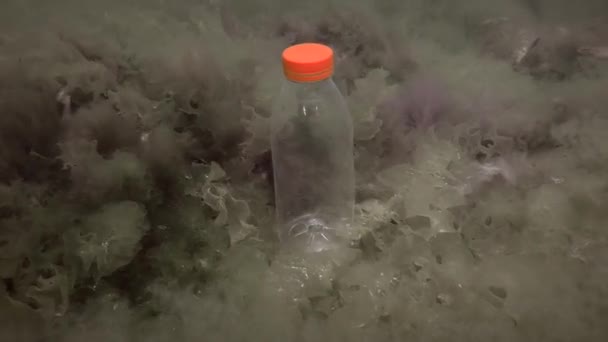 Pollution plastique de l'océan : une bouteille en PVC balaie dans les vagues sur le fond marin. — Video