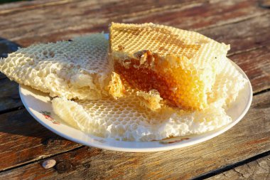 Taze, doğal bal bir tabakta duruyor, altın rengi ve mükemmel altıgen hücreleri sergiliyor. Bu organik arıcılık ürünü sıcaklık ve güneş ışığı yayıyor..