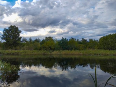Gökyüzü ve ormanın yansıttığı kırsal bir manzara bir su kütlesinin aynalı yüzeyine yansıyor. Kara bulutlar ufukta asılı, yaklaşan fırtınadan önce dramatik bir atmosfer yaratıyorlar..