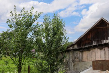 Ahşap duvarları ve yeşil ağaçların arkasından dışarı bakan sivri uçlu bir çatısı olan eski bir kırsal bina. Fotoğraf köyün otantik atmosferini aktarıyor, doğanın kucağında basit ama resimsel bir hayat sergiliyor..