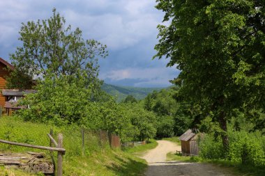 Kırsal kesimde, yeşil ağaçlar ve evler arasında ormana giden dolambaçlı bir yol var. Ufuktaki yüksek dağlar ve bulutlu gökyüzü gizemli ve pitoresk bir manzara yaratır..