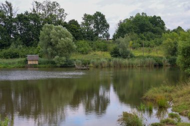 Pürüzsüz su yüzeyine sahip sakin bir gölet karşı kıyıdaki yoğun ağaçları bulutlu bir gökyüzünün altında yansıtıyor. Küçük bir balıkçı kulübesi ve ahşap platform, bölgenin sakin ve kırsal atmosferini vurguluyor..