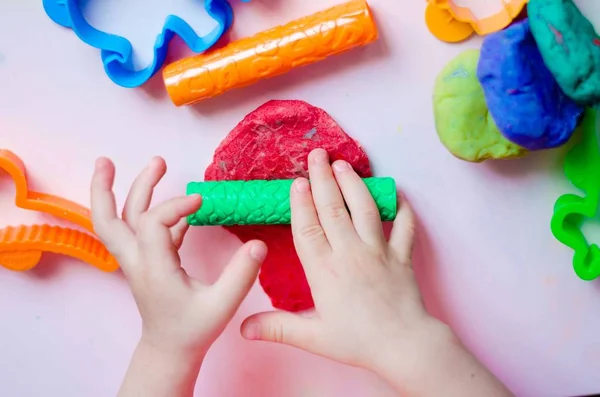 Child Hands Playing Colorful Clay Homemade Plastiline — Stock Photo, Image