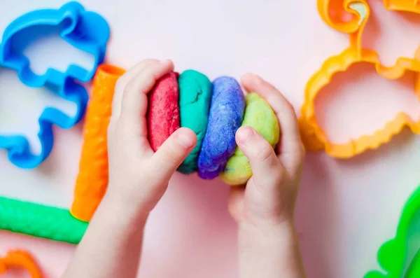 Child Hands Playing Colorful Clay Homemade Plastiline — Stock Photo, Image