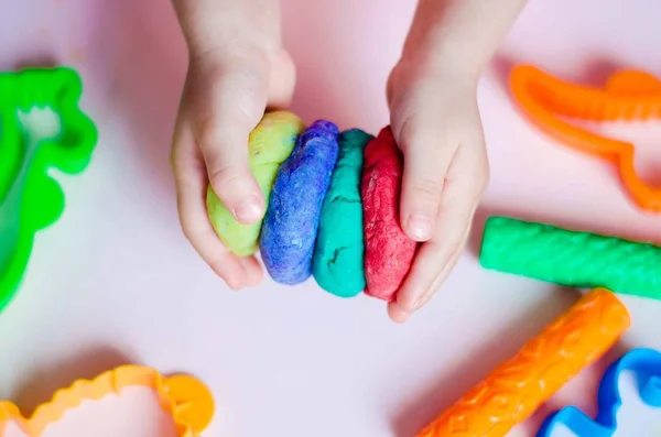 Child Hands Playing Colorful Clay Homemade Plastiline — Stock Photo, Image