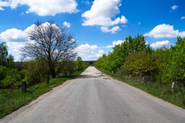 Yol mesafe içine gidiyor. Gökyüzü bulutlu. Yaz güneşli gün. Seyahat, eğlence.