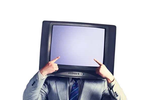 En mann med TV i stedet for et hode isolert på hvit bakgrunn. Sted for melding. Begrepet multimedia sosiale nettverk . – stockfoto