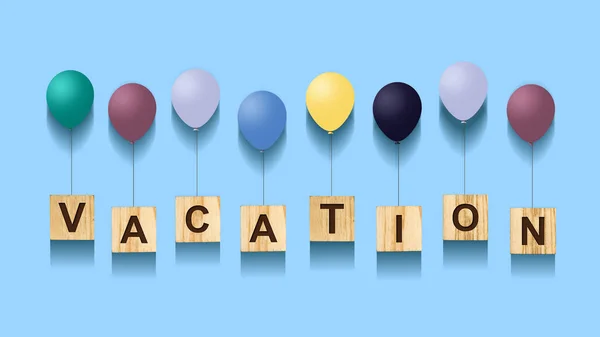 Vacation Inscription Wooden Cubes Multi Colored Inflatable Balls Blue Background — Stock Photo, Image