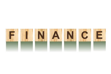 Word finans, ahşap inşaat küpleri harflerin oluşur. Beyaz arka plan, izole kavramı iş, finans. Arka planlar.