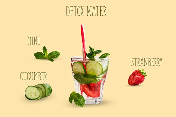 在黄色的背景下用黄瓜薄荷草莓排毒水 健康饮食的概念 健康的生活方式背景 — 图库照片