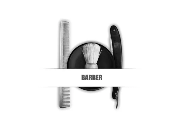 Brosse Cheveux Brosse Raser Rasoir Sur Fond Blanc Inscription Barber — Photo