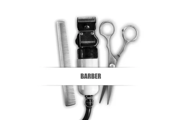 美发师的梳子 和剪刀在白色的背景 题字理发师 理发店的概念 美容时尚 — 图库照片