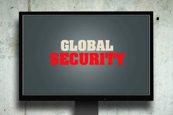 Global security. The inscription on the monitor. Gray concrete background. The concept of security. Computers. Technologies.